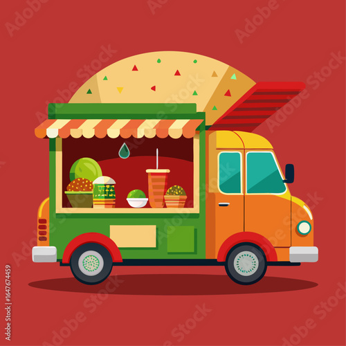 A food truck with a green and yellow exterior. The truck is parked on a red background. The truck is filled with food and drinks, including a sandwich and a cup