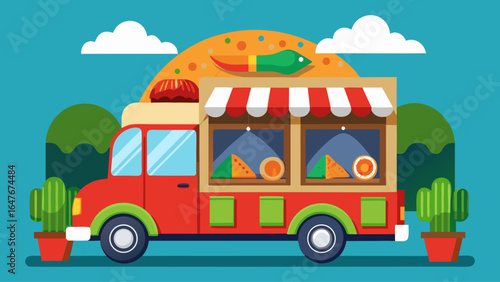A food truck with a green and yellow exterior. The truck is parked on a red background. The truck is filled with food and drinks, including a sandwich and a cup
