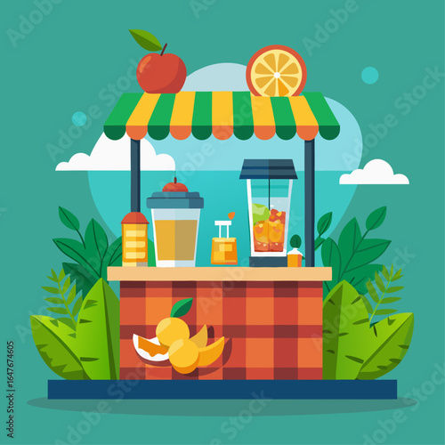 A colorful fruit stand with a variety of fruits and drinks. The stand is located in a sunny area with a view of the sky