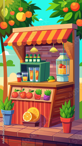 A colorful fruit stand with a variety of fruits and drinks. The stand is located in a sunny area with a view of the sky