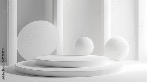 Minimalist white 3D geometric shapes floating on matte background with dynamic lighting and modular grid zone, for premium product display, digital advertising, and brand visual design