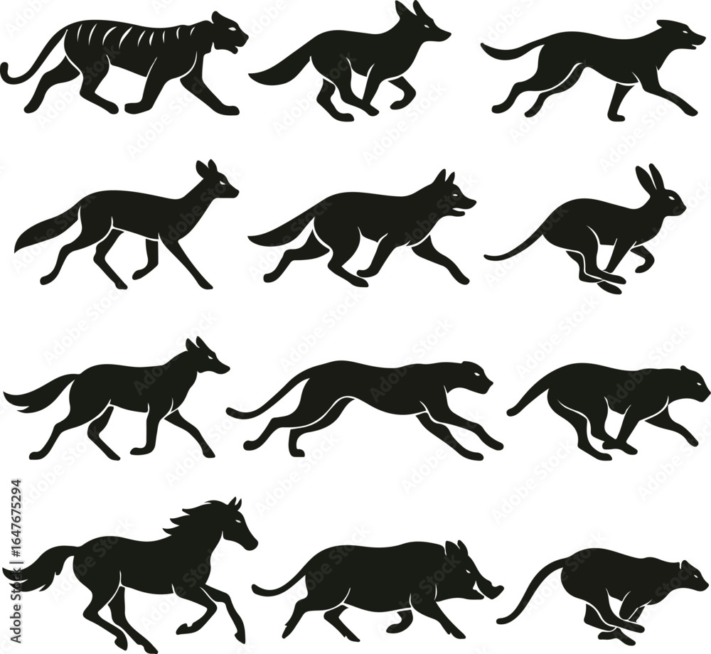 Fototapeta premium Silhouette wild animal running poses. Graphic black and white wildlife illustrations. Dynamic and bold animal vector art.