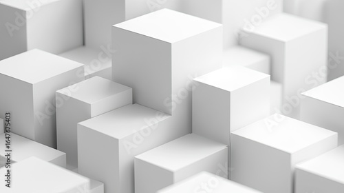 Minimalist white 3D geometric shapes floating on matte background with dynamic lighting and modular grid zone, for premium product display, digital advertising, and brand visual design