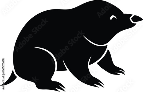 Mole animal silhouette side profile with pointed snout and digging claws isolated on white background for underground wildlife design