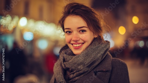 Wallpaper Mural portrait of happy woman on city street looking at camera beautiful girl standing outdoors in winter evening with a toothy smile cheerful university student wearing coat with woolen scarf at dusk no l Torontodigital.ca