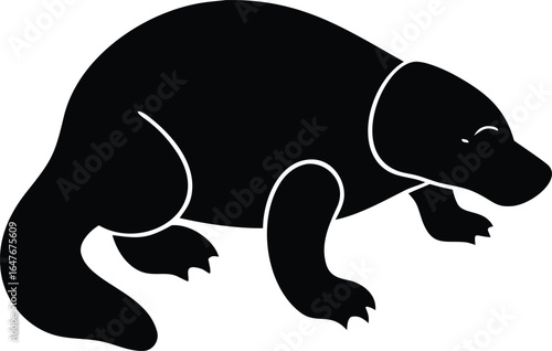 Platypus animal silhouette side profile with duck-like bill and flat tail isolated on white background for Australian aquatic wildlife design
