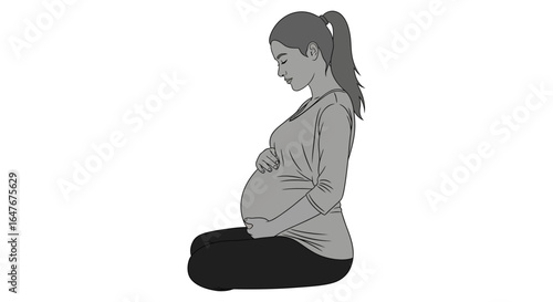 Prenatal yoga pose pregnant woman kneeling with hands on belly