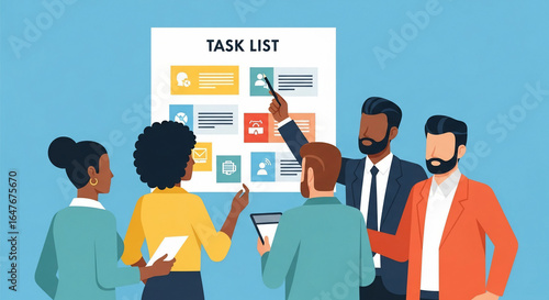 Team of Professionals Analyzing Task List on Whiteboard in Modern Office