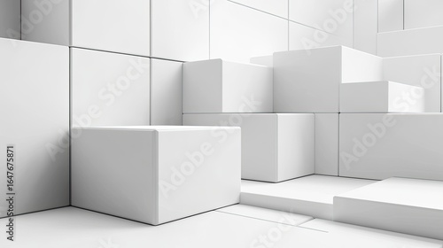 Minimalist white 3D geometric shapes floating on matte background with dynamic lighting and modular grid zone, for premium product display, digital advertising, and brand visual design