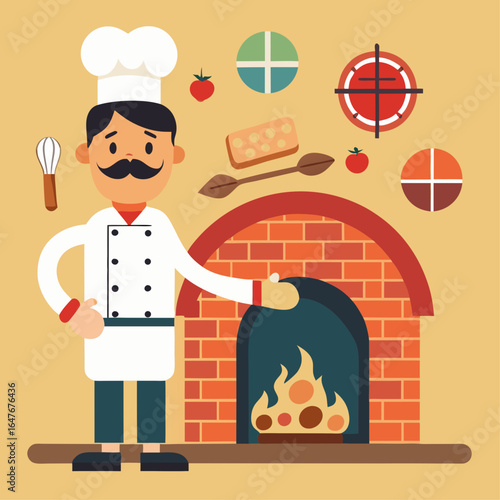 A chef stands in front of a brick oven with a fire burning inside. The oven is surrounded by various kitchen utensils and ingredients, including a whisk, a knife, and a bowl