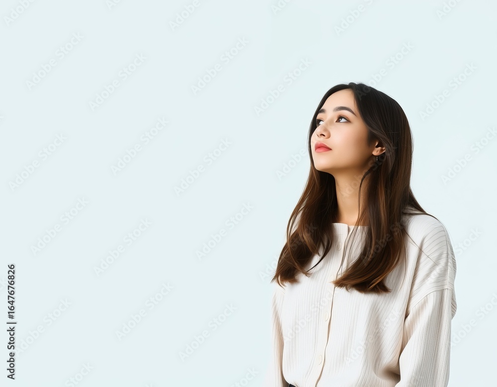 A young woman with long brown hair wearing a white button down shirt looking up against a light background A young woman with long brown hair wearing a white button down shirt looking up against a light background