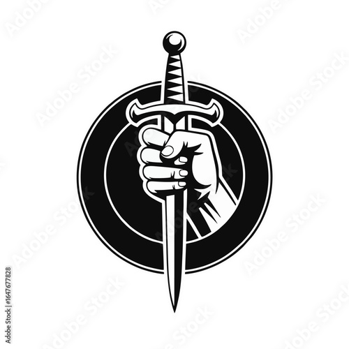A hand firmly grips a medieval sword, centered within a circular frame, presented in a bold black and white illustration.