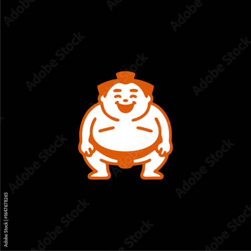 A cheerful, stylized illustration of a sumo wrestler in a squatting stance, depicted in a bold orange outline against a stark black background, conveying a s...