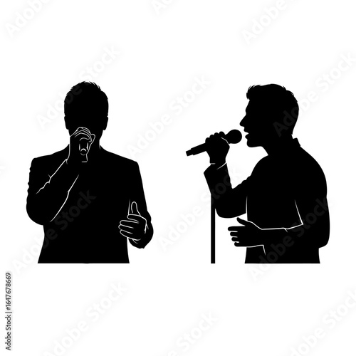 Two Silhouettes of Men Singing with Microphones.