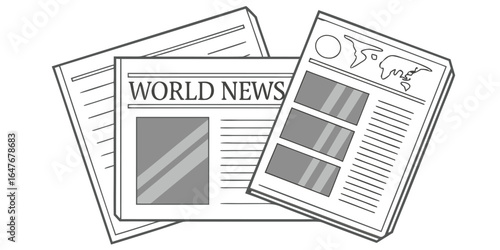 Illustration of newspapers with world news headline isolated on white background