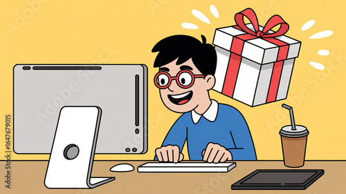 A surprised cartoon illustration of someone working at a desk with a computer monitor and digital tablet