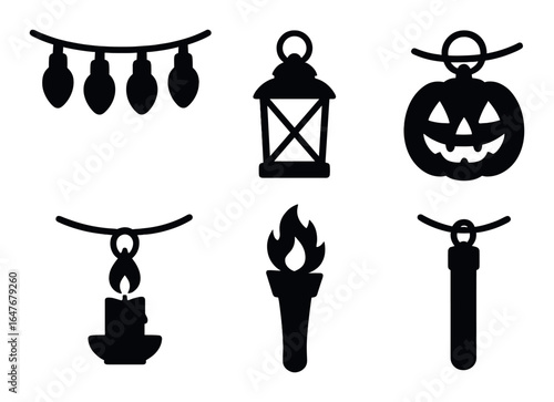 Halloween icon silhouettes featuring pumpkin lantern torch and candle