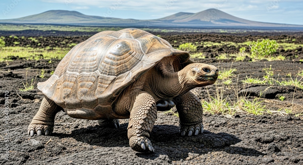 Obraz premium A Massive Galápagos Tortoise Walking Slowly Across a Rocky Volcanic Plain