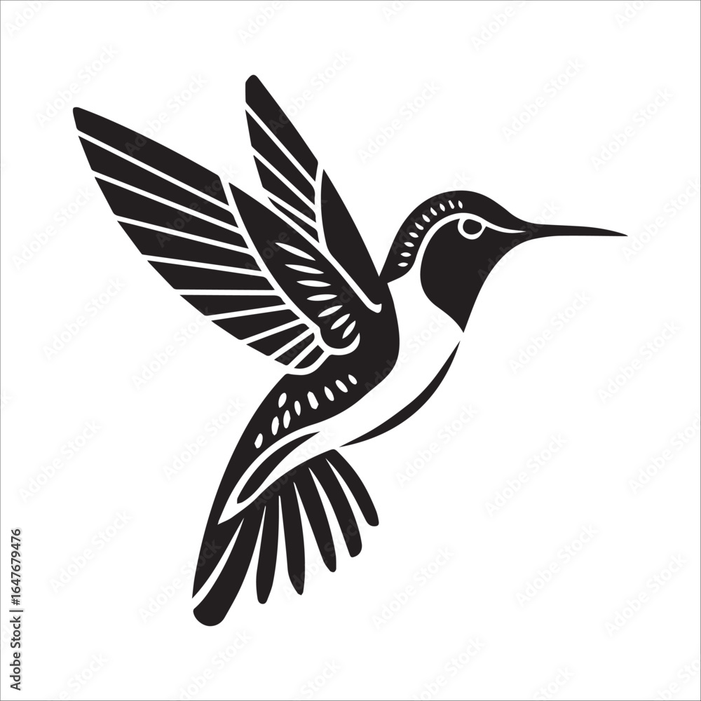 Fototapeta premium Black and White Hummingbird Silhouette – Minimalist Vector Flying Bird Illustration for Tattoo or Logo