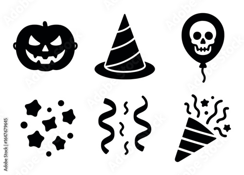 Halloween icons: pumpkin, hat, skull balloon, stars, spirals, party popper silhouettes