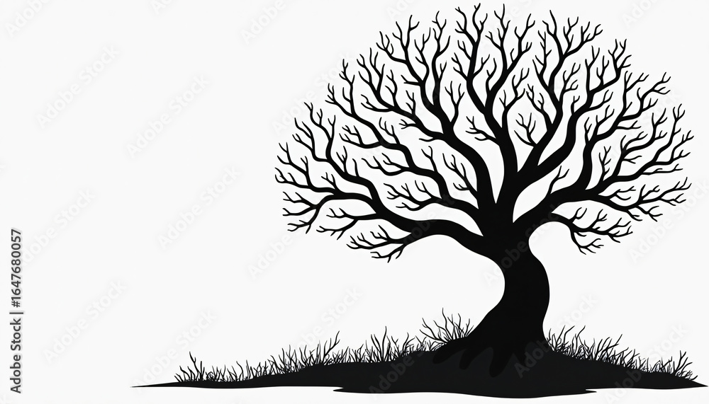 Fototapeta premium Black Silhouette of a Tree with Bare Branches and Grass
