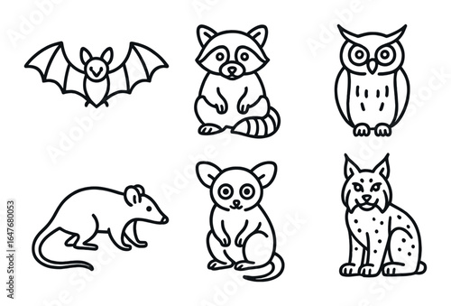 Cute nocturnal animal silhouettes featuring bat, raccoon, owl, rat, lemur, and lynx