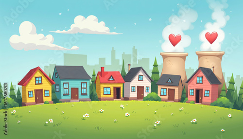 Cartoon Houses Near Cooling Towers with Heart-Shaped Smoke