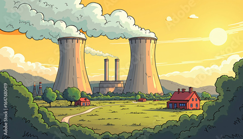 Cartoon Power Plant with Cooling Towers in Rural Landscape