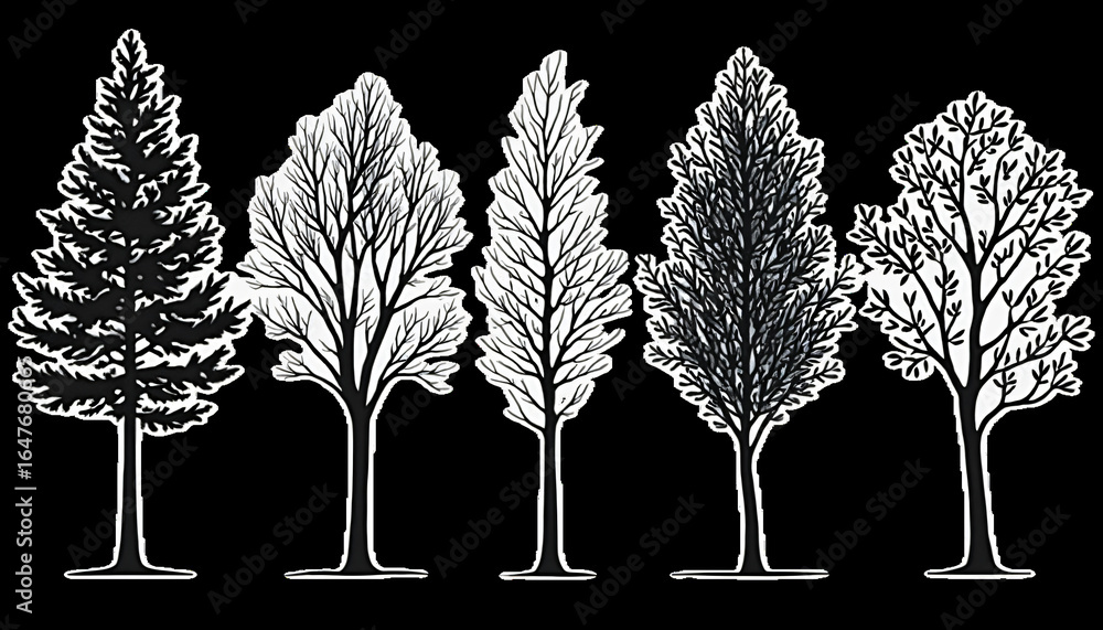 Fototapeta premium Five Black and White Tree Illustrations