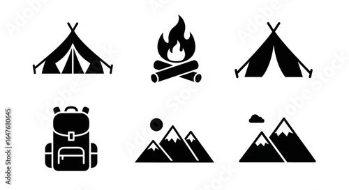 A collection of black silhouette icons representing camping and outdoor adventure, including tents, a campfire, a backpack, and mountains.