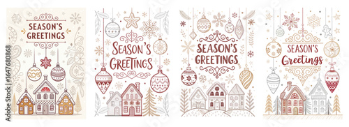 Charming seasonal greeting cards featuring festive illustrations and decorative elements in warm tones.