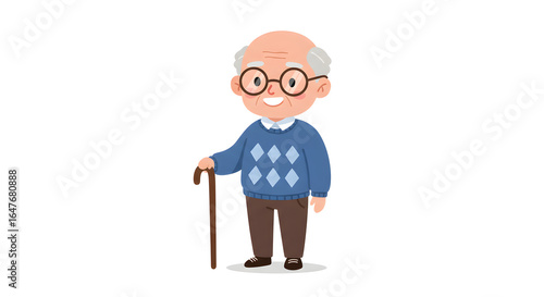 Cute Cartoon Elderly Man with Walking Stick Vector Illustration
