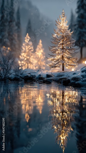Snowy forest landscape at dusk with illuminated Christmas trees and serene water reflections