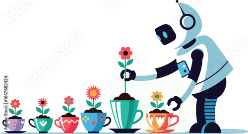 A friendly robot tending colorful flowers in teacups, gardening illustration
