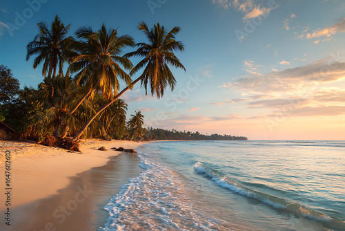 Fototapeta Naklejka Na Ścianę i Meble -  Serene tropical beach with leaning palm trees, white sand, and gentle waves at sunset