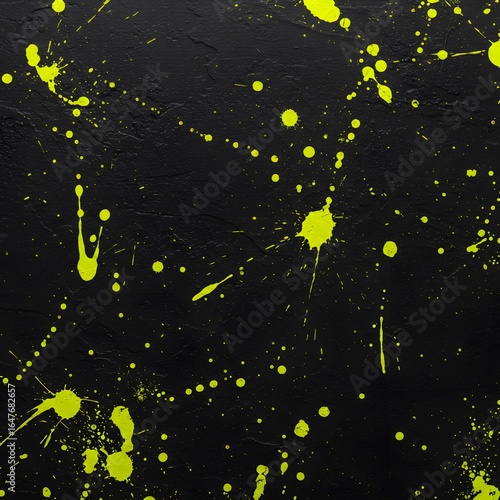 Abstract Neon Splatter Vivid Yellow Paint Splashes on Textured Black Background - Artistic Design