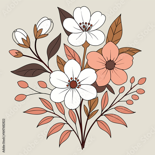 Floral bouquet blooms with blossoms and buds in white and peach on beige background