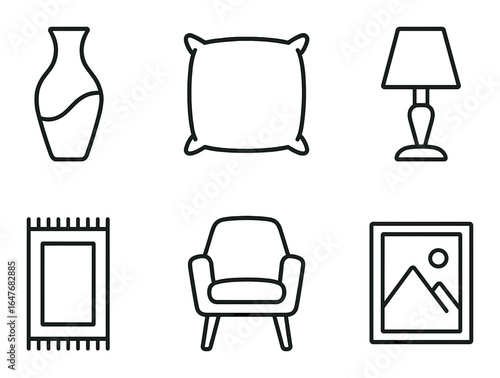 Minimalist home decor icons: vase, pillow, lamp, rug, armchair, picture frame