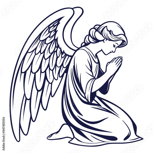 An angel kneeling in humble prayer. This serene and religious image is perfect for traditional holiday designs, greeting cards, and art that convey a message of faith and devotion.