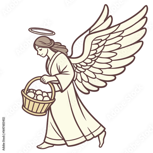 An angel with a basket full of blessings. This kind and generous image is perfect for designs that need to convey a message of hope, abundance, and holiday joy.