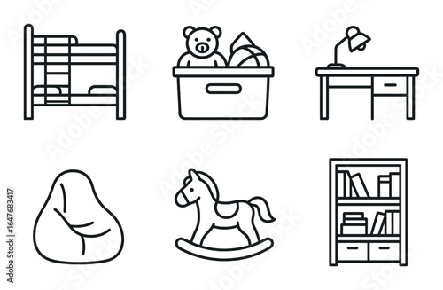 Children's room icons: bunk bed, toys, desk, beanbag, rocking horse, bookshelf