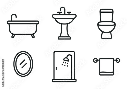 Bathroom icons set featuring bathtub, sink, toilet, mirror, shower, towel rack