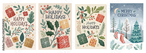 Festive holiday cards featuring cheerful designs with gifts, foliage, and seasonal greetings.
