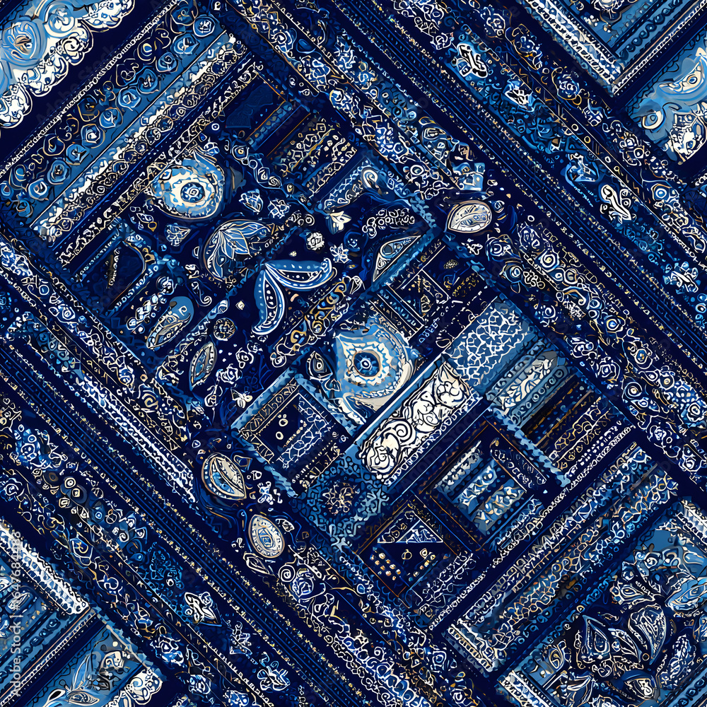 Blue bandana kerchief paisley fabric patchwork abstract vector seamless pattern