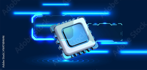 3D render of a neon blue CPU microchip on a cyber background, ideal for AI computing banner, technology ads, and presentations. Isometric single electronic AI processor chip. Vector illustration