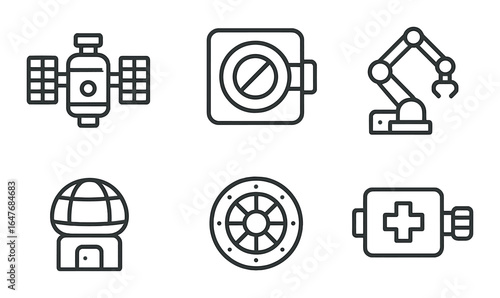 Futuristic technology icons: satellite, robotics, automation, healthcare symbols