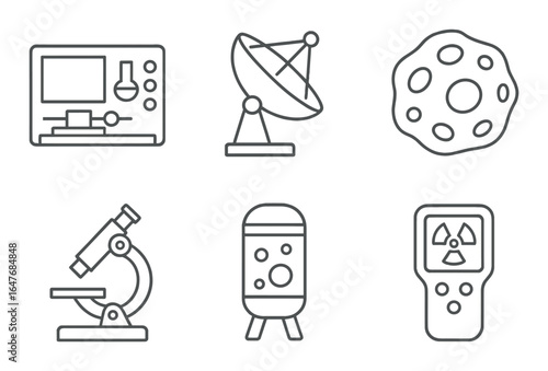 Gray metallic icons of space and science featuring satellite, microscope, and asteroid
