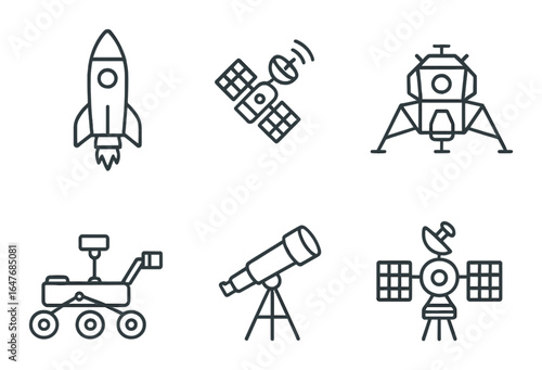 Outline icons of space exploration: rocket, satellite, lunar lander, rover, telescope