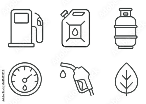 Icons of fuel pump, gas can, propane tank, gauge, nozzle, leaf on metallic background