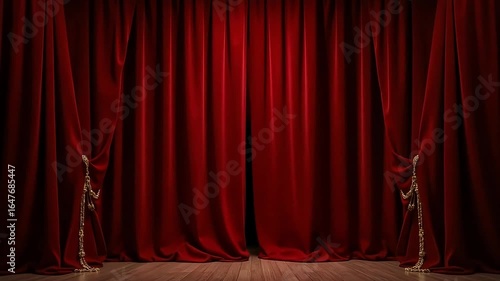 Dramatic reveal awaits as rich red velvet curtains part on a polished wooden stage, hinting at an exciting performance or event.